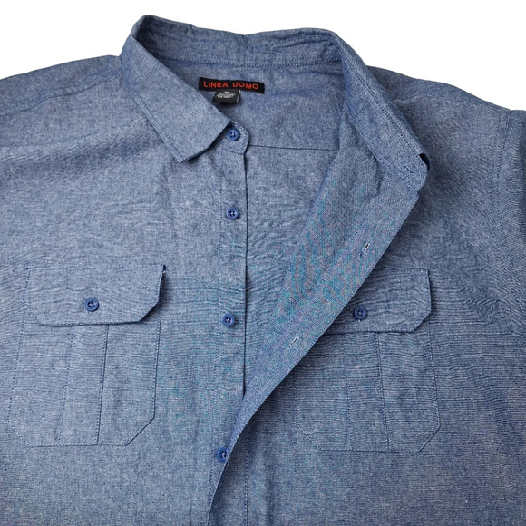 Linea Uomo Men 3X Cotton Blue Chambray Short Sleeve Button Down Shirt Pockets - Picture 4 of 10